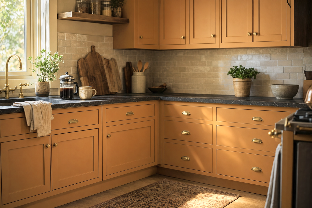Amber Sienna by Valspar on cabinets