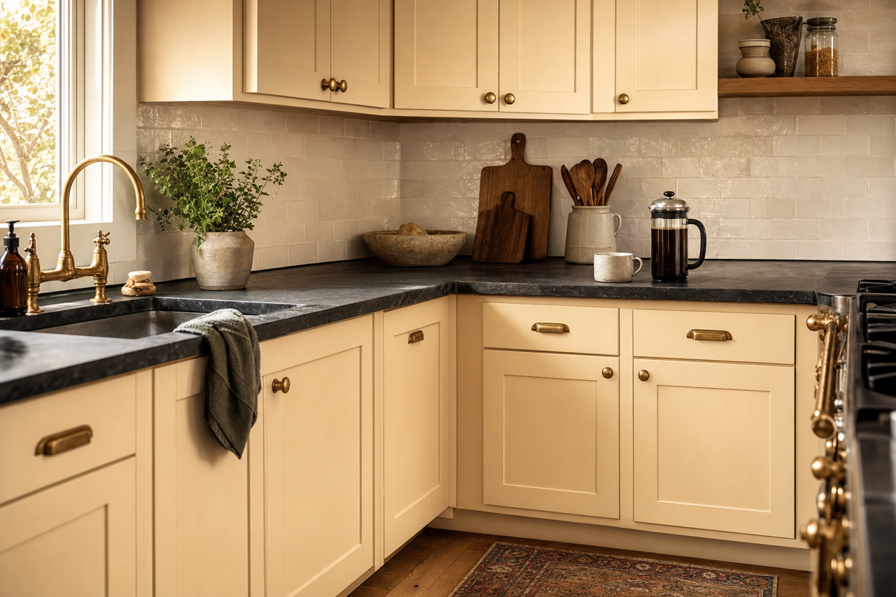 Kabuki Clay by Valspar on cabinets