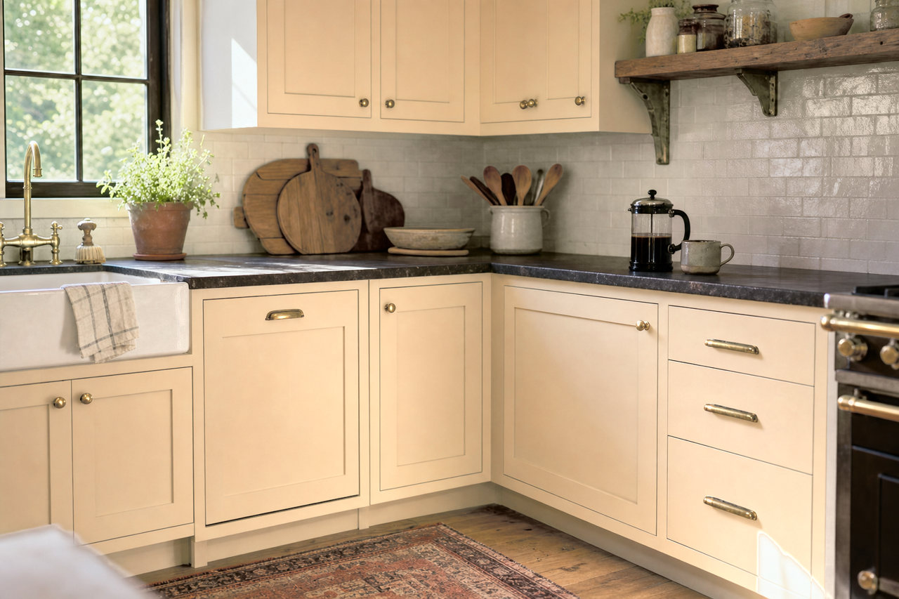 Holmes Cream by Valspar on cabinets