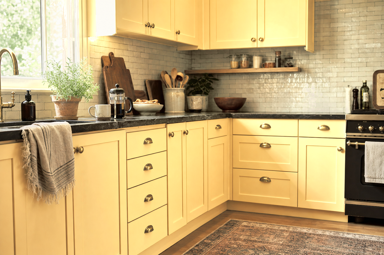 Hazy Dawn by Valspar on cabinets
