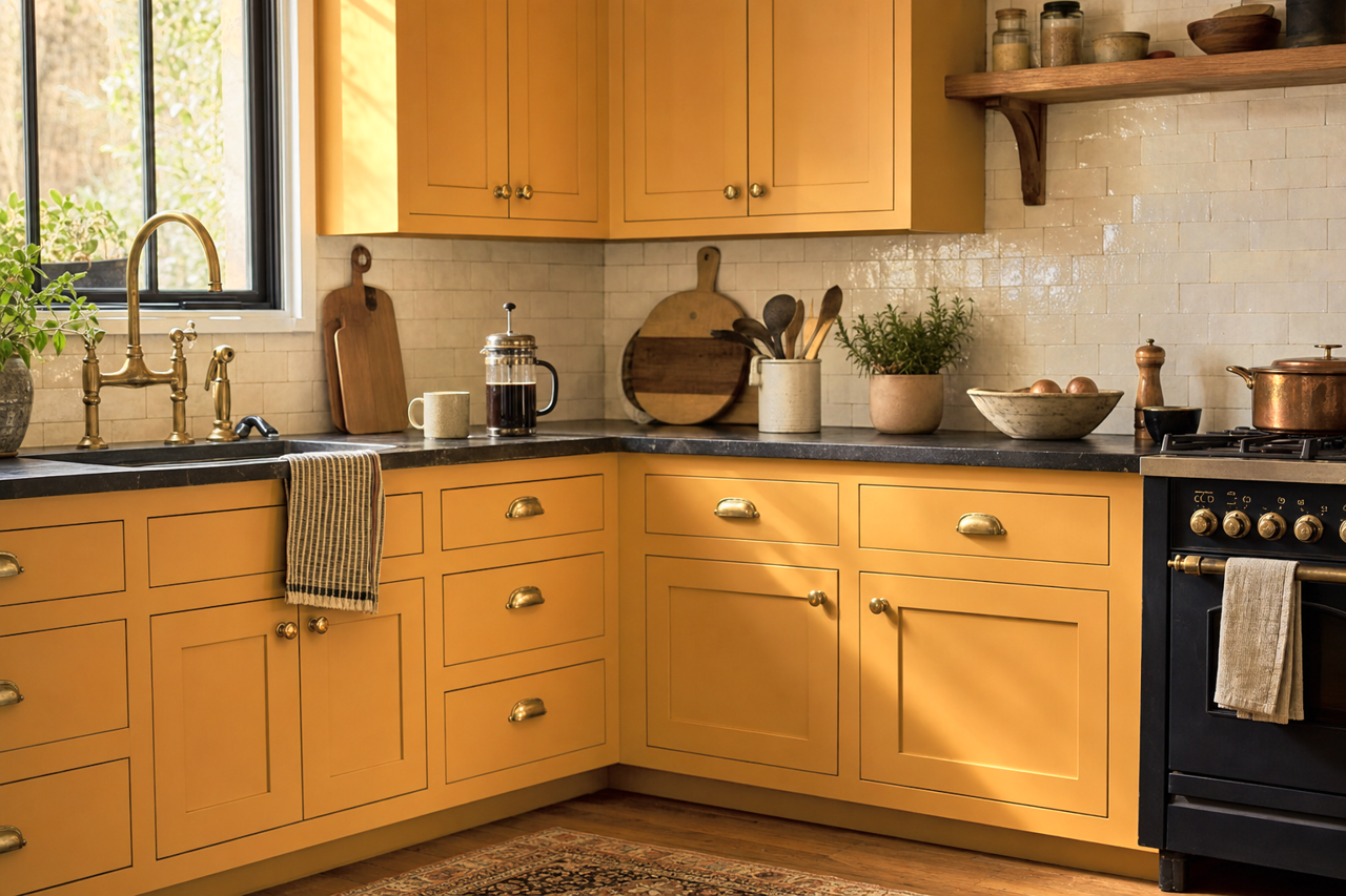 Poseidon's Gold by Valspar on cabinets