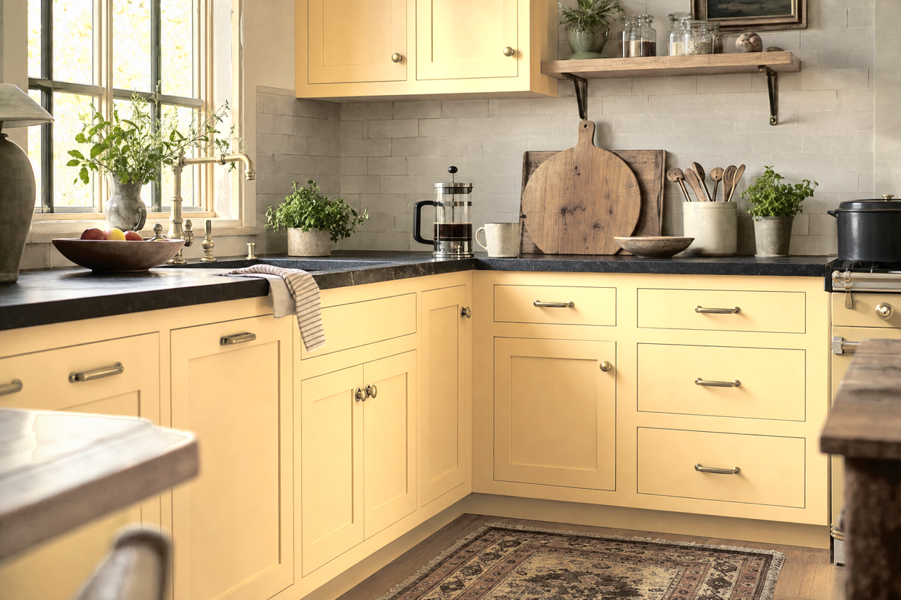 Warm Sunshine by Valspar on cabinets