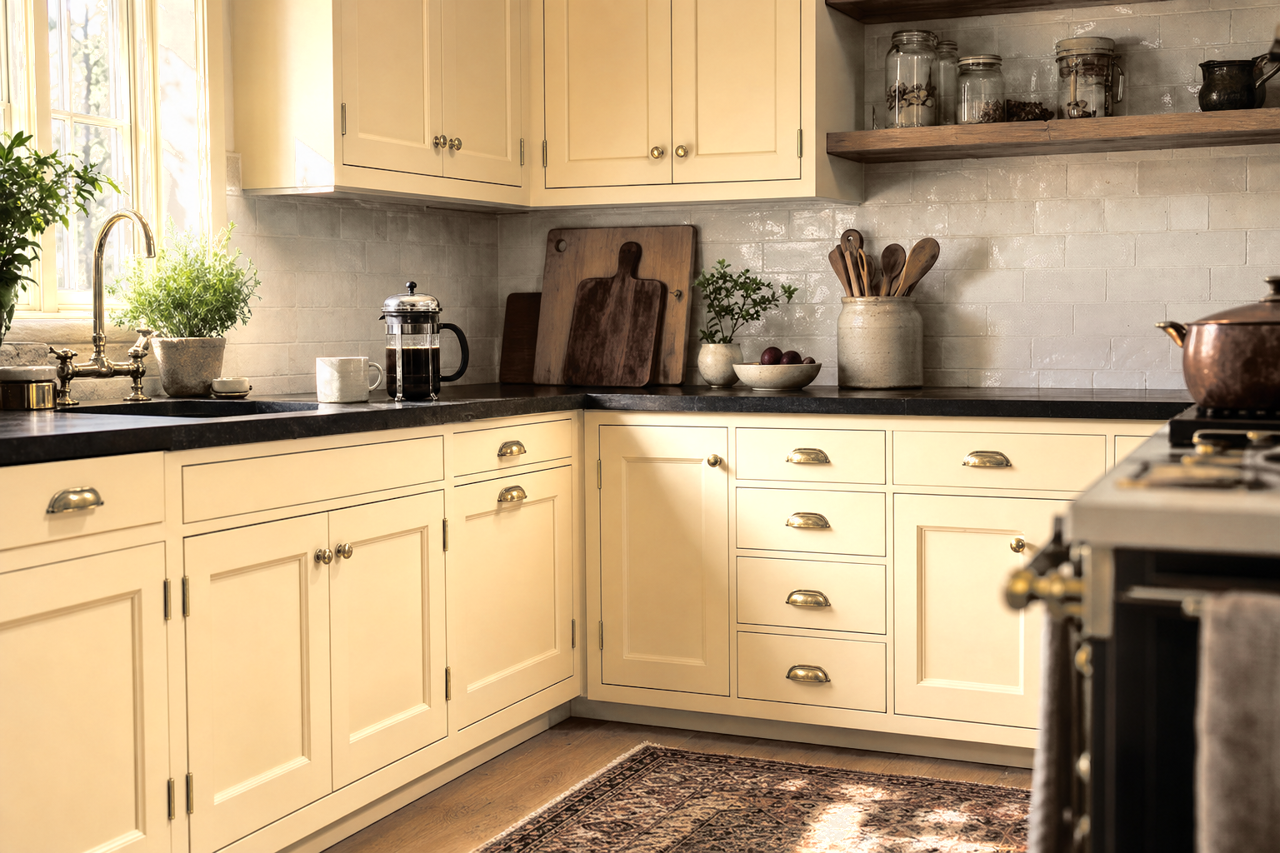 Hazy Yellow by Valspar on cabinets