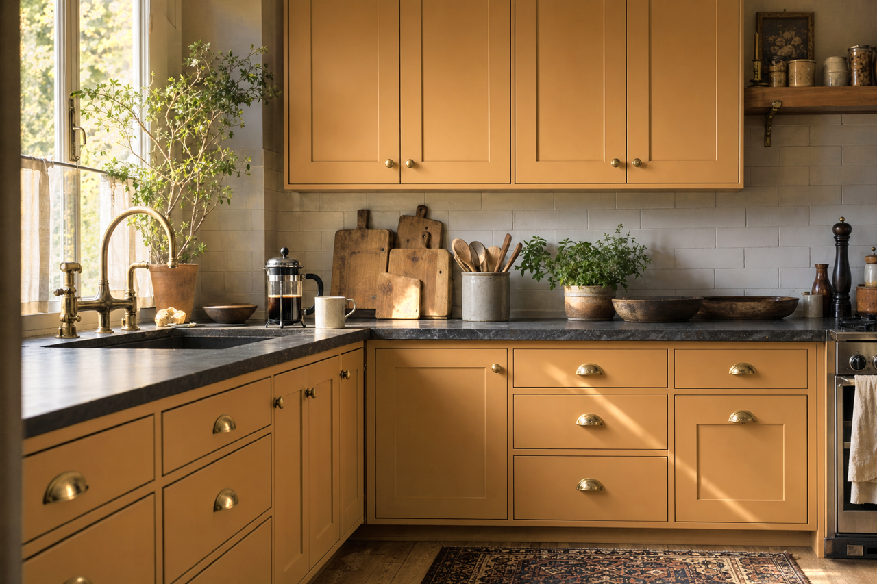 Garden Ochre by Valspar on cabinets