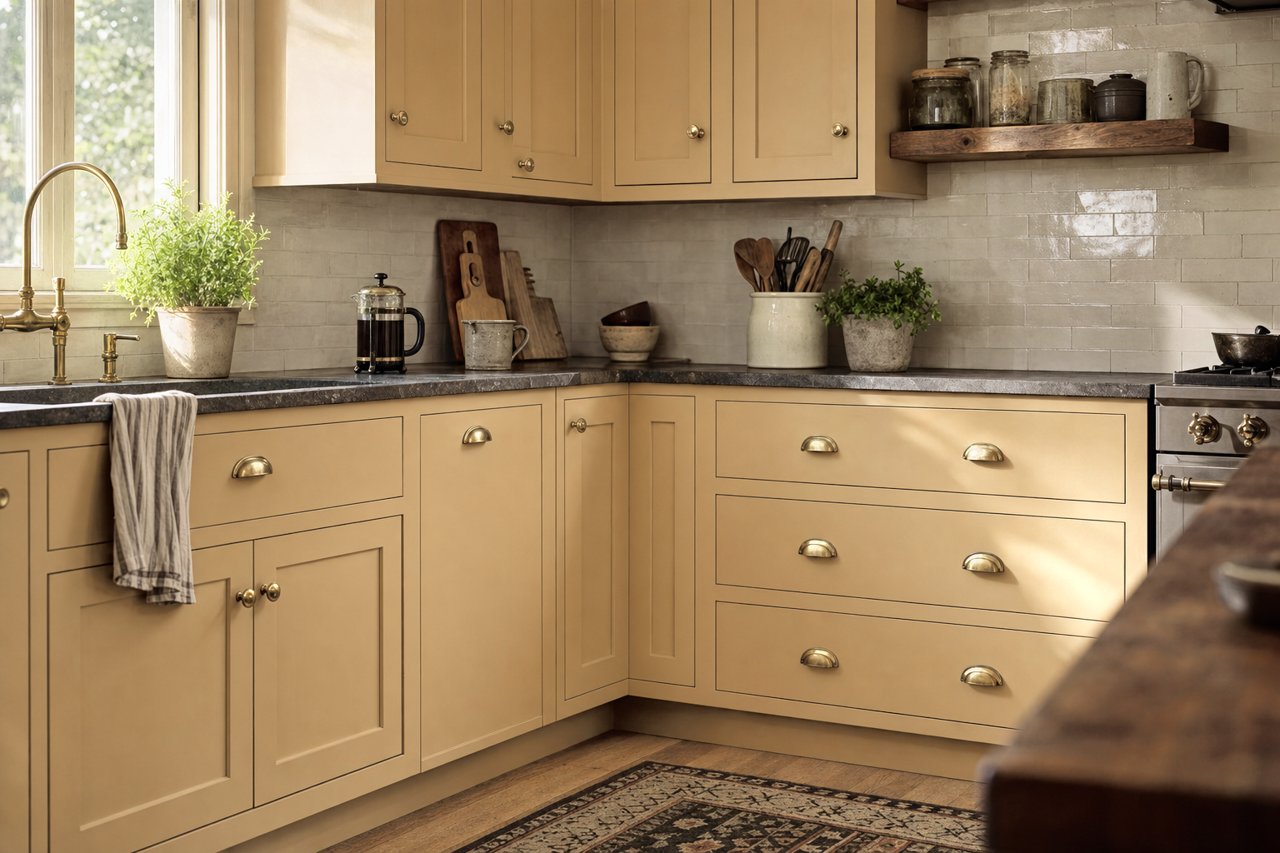 Caraway Seed by Valspar on cabinets