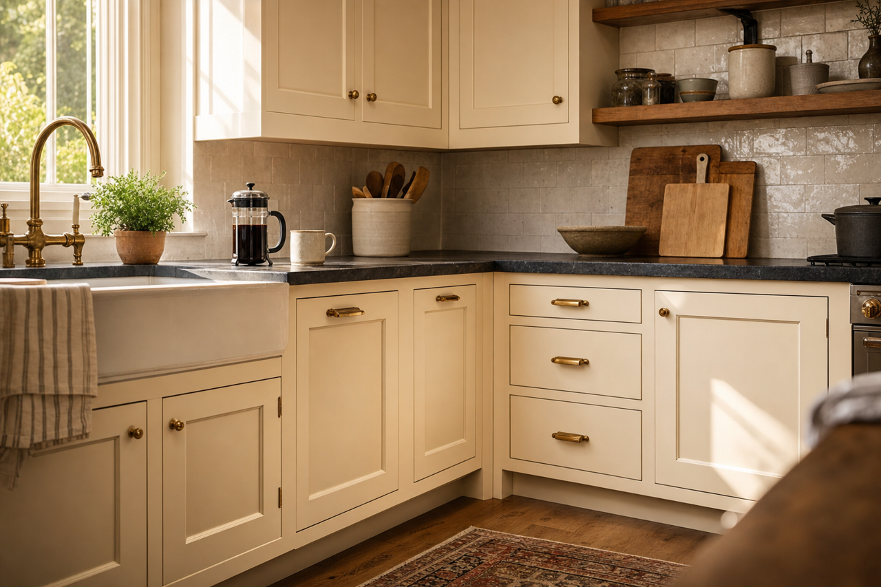 Shania's Lace by Valspar on cabinets