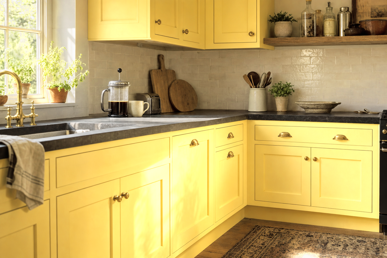 Tangy Lemon by Valspar on cabinets