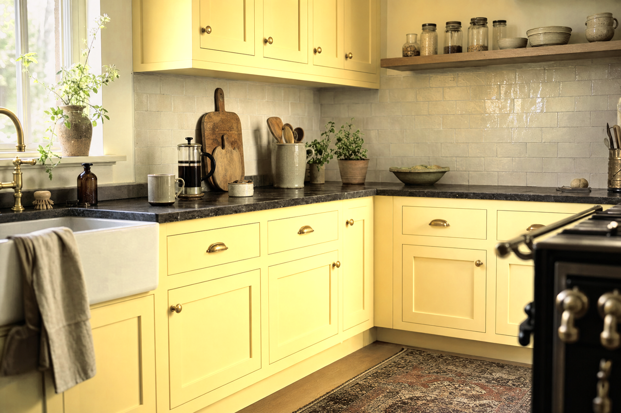 Lemon Twist by Valspar on cabinets