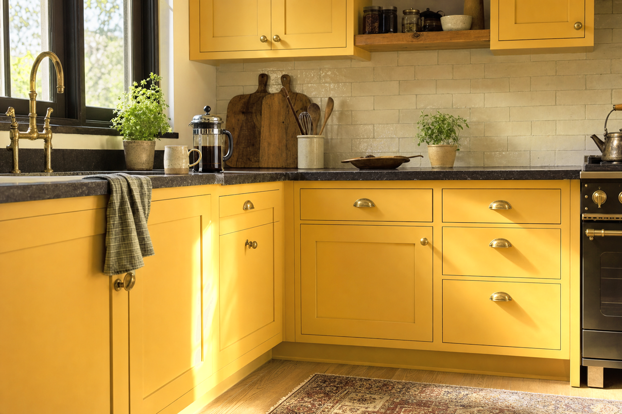 Mustard Glaze by Valspar on cabinets