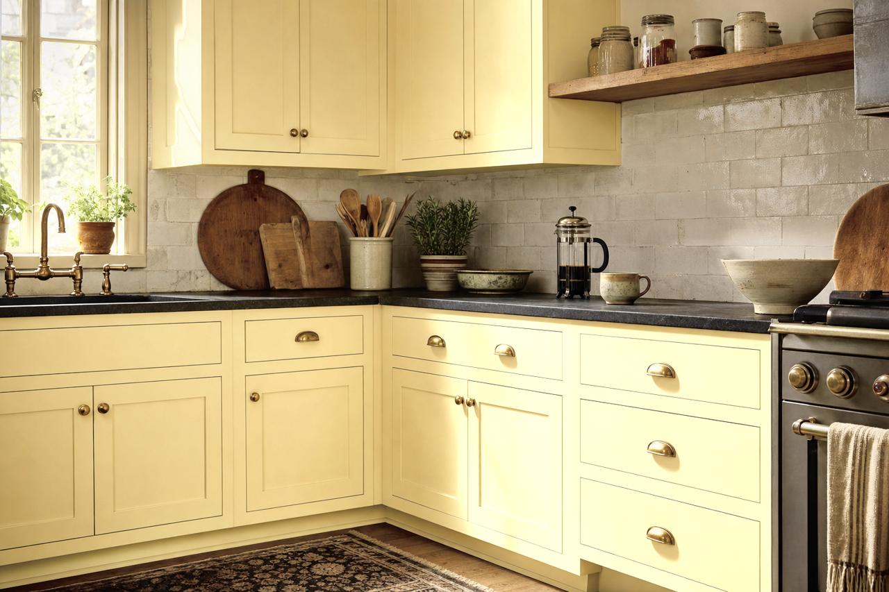 Pecan Cream by Valspar on cabinets