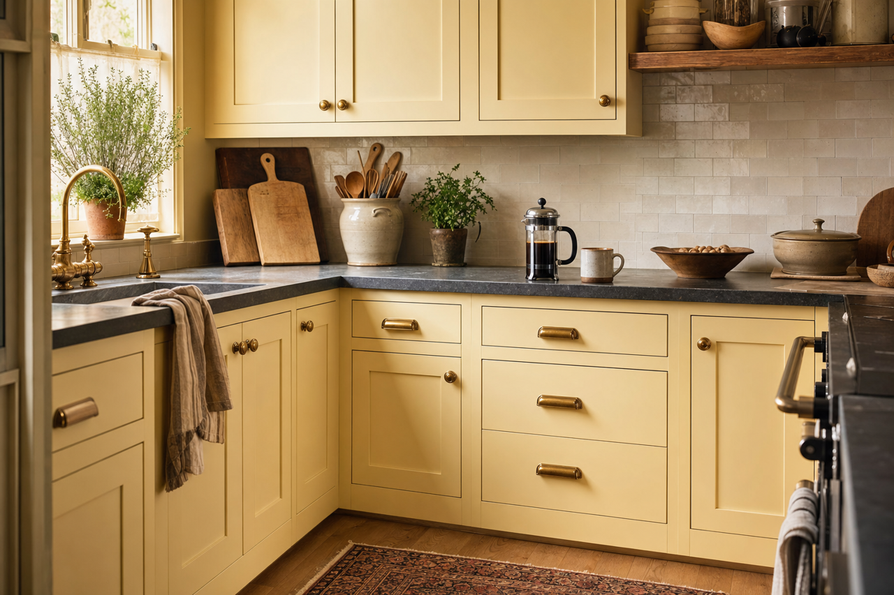 Lemon Cream by Valspar on cabinets