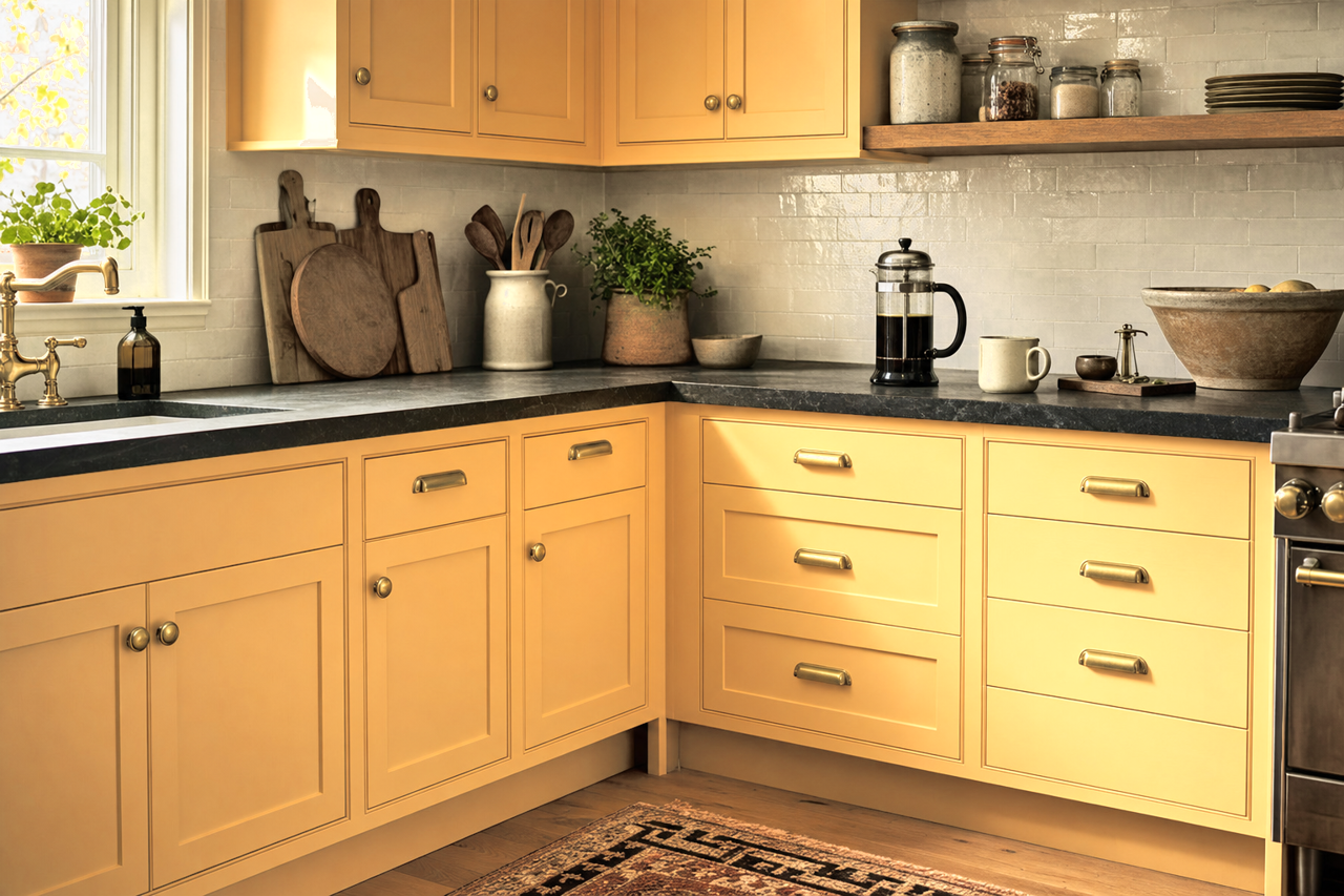Golden Chime by Valspar on cabinets