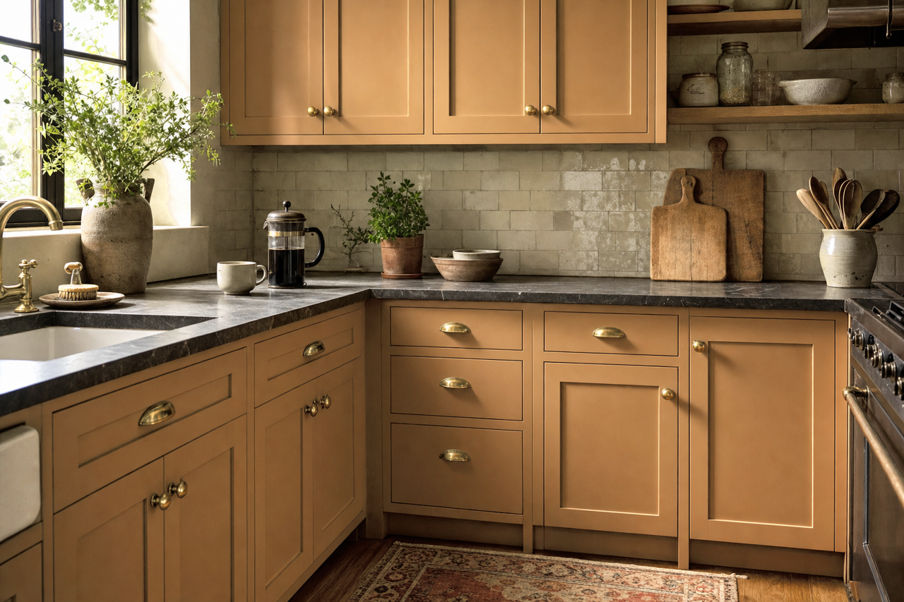 Olive Branch Gold by Valspar on cabinets
