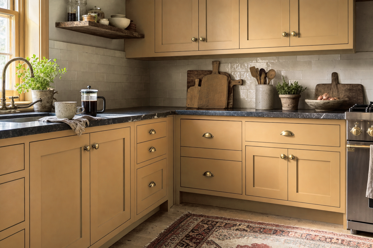 Caramel Gold by Valspar on cabinets