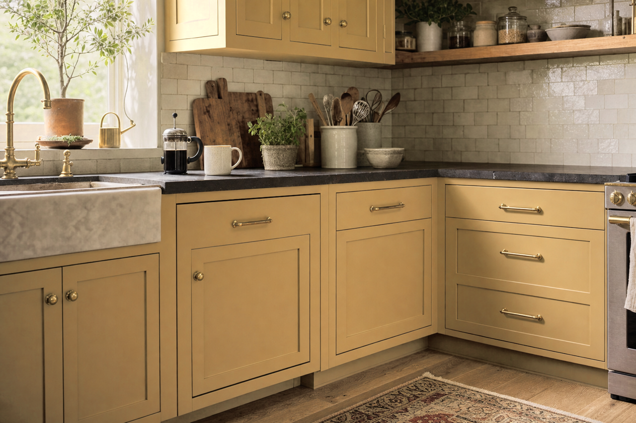 Timeless Gold by Valspar on cabinets