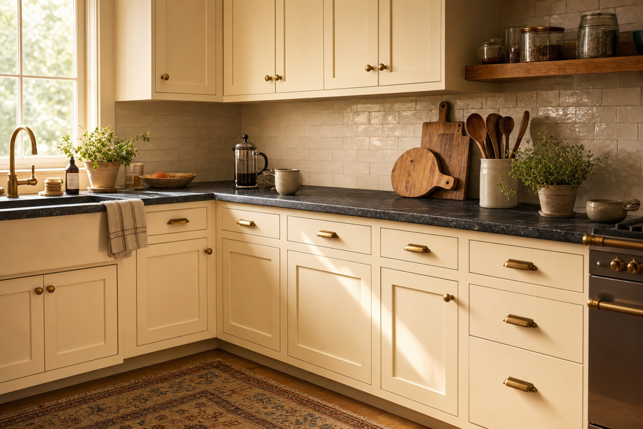Ivory Essence by Valspar on cabinets