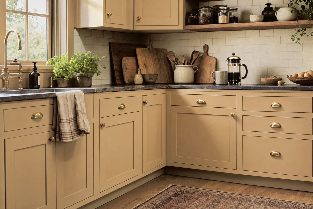 Glowing Dune by Valspar on cabinets