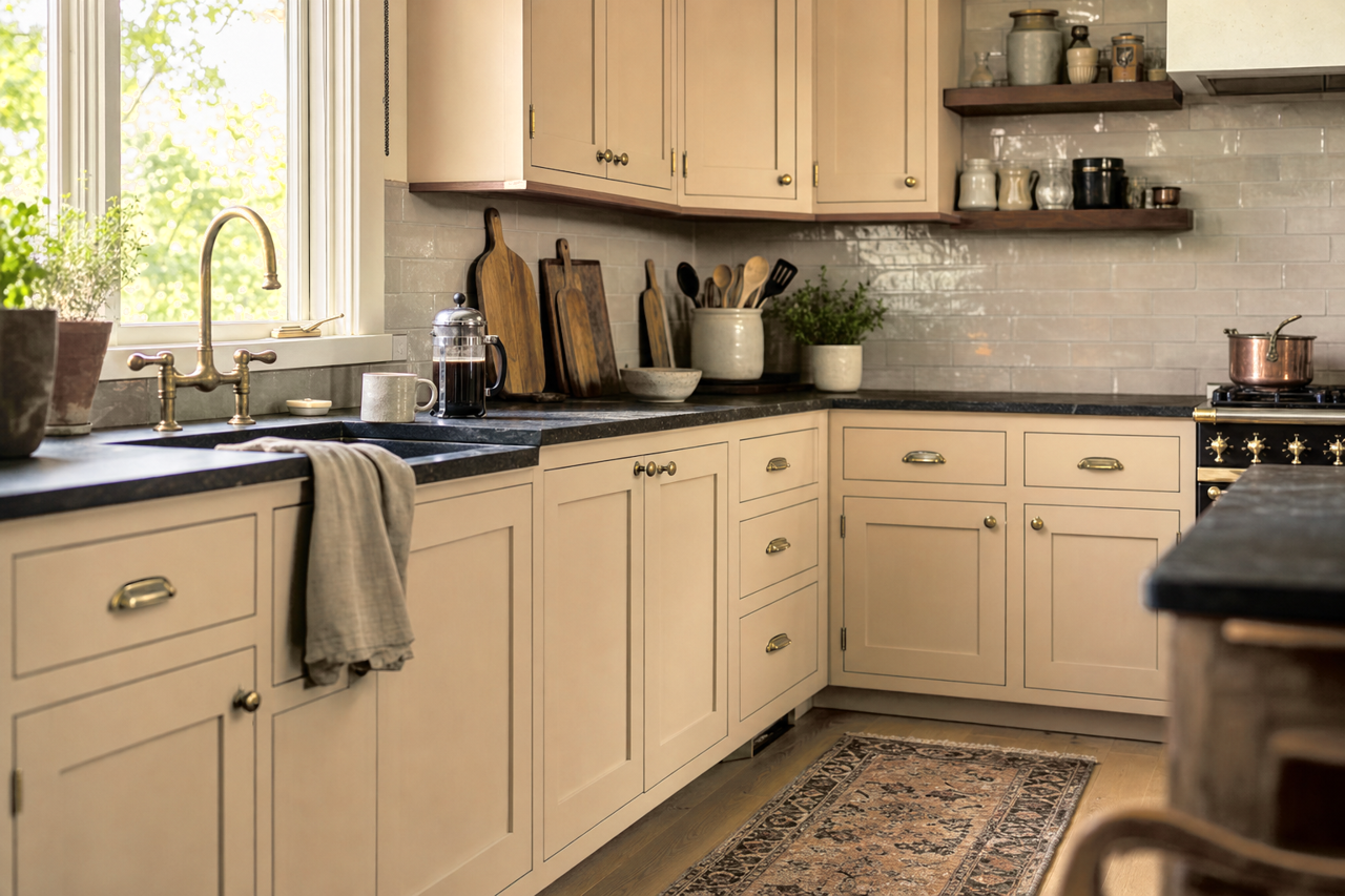 Wetland Clay by Valspar on cabinets