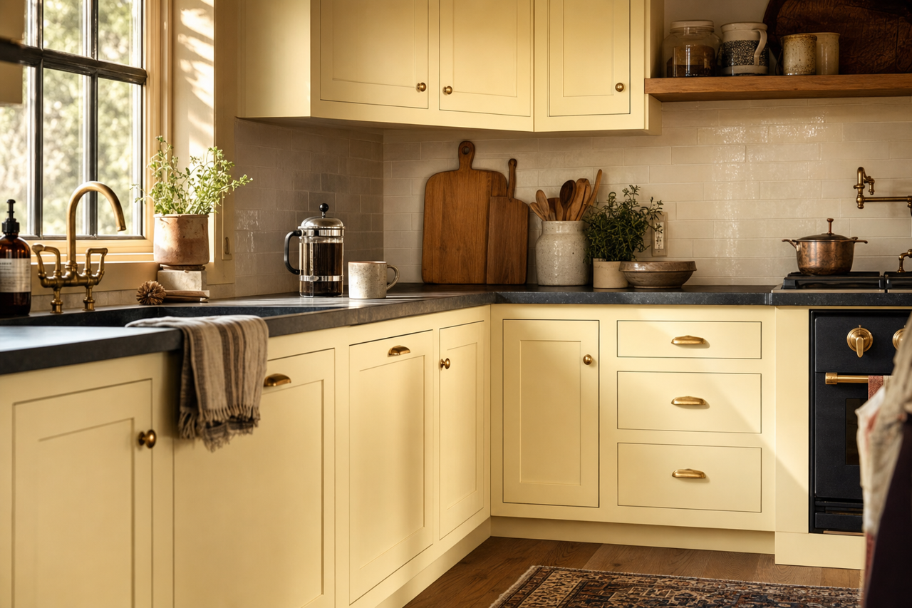 Oyster Bisque by Valspar on cabinets