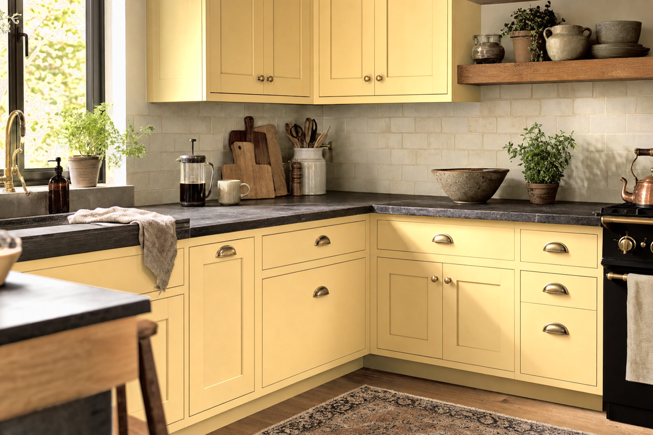 Honeysuckle Beige by Valspar on cabinets