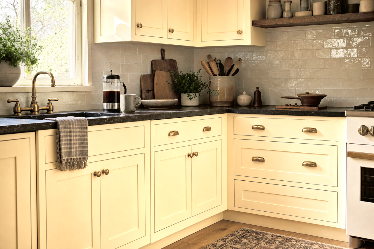 Homey Cream by Valspar on cabinets