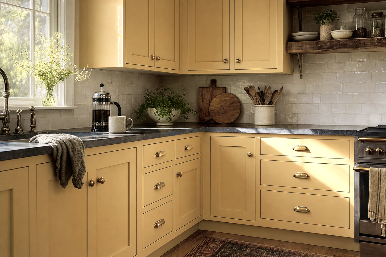 Golden Popover by Valspar on cabinets