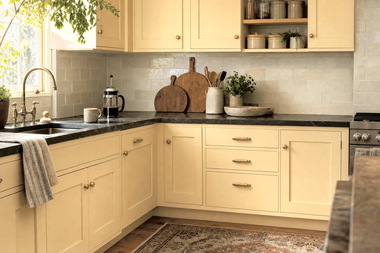 Baked Scone by Valspar on cabinets
