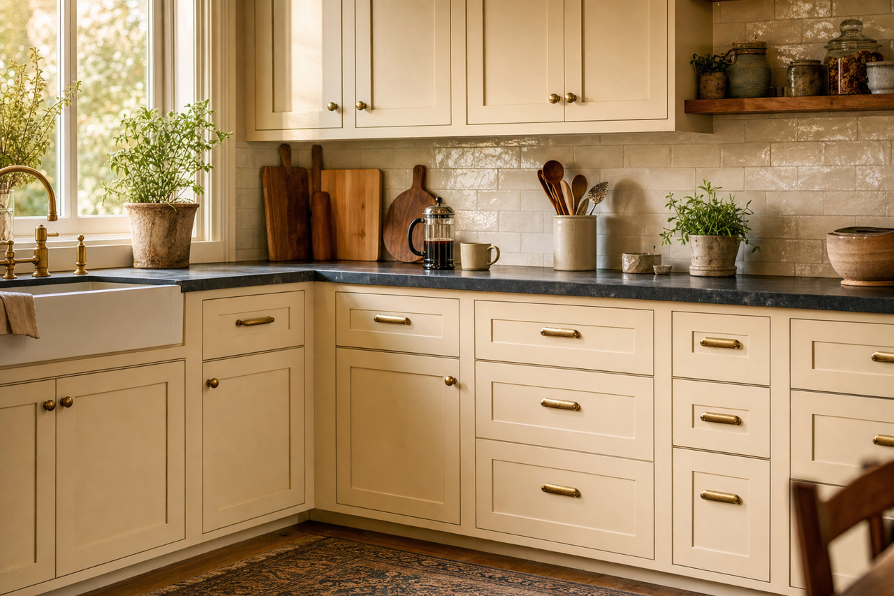 Light Raffia by Valspar on cabinets