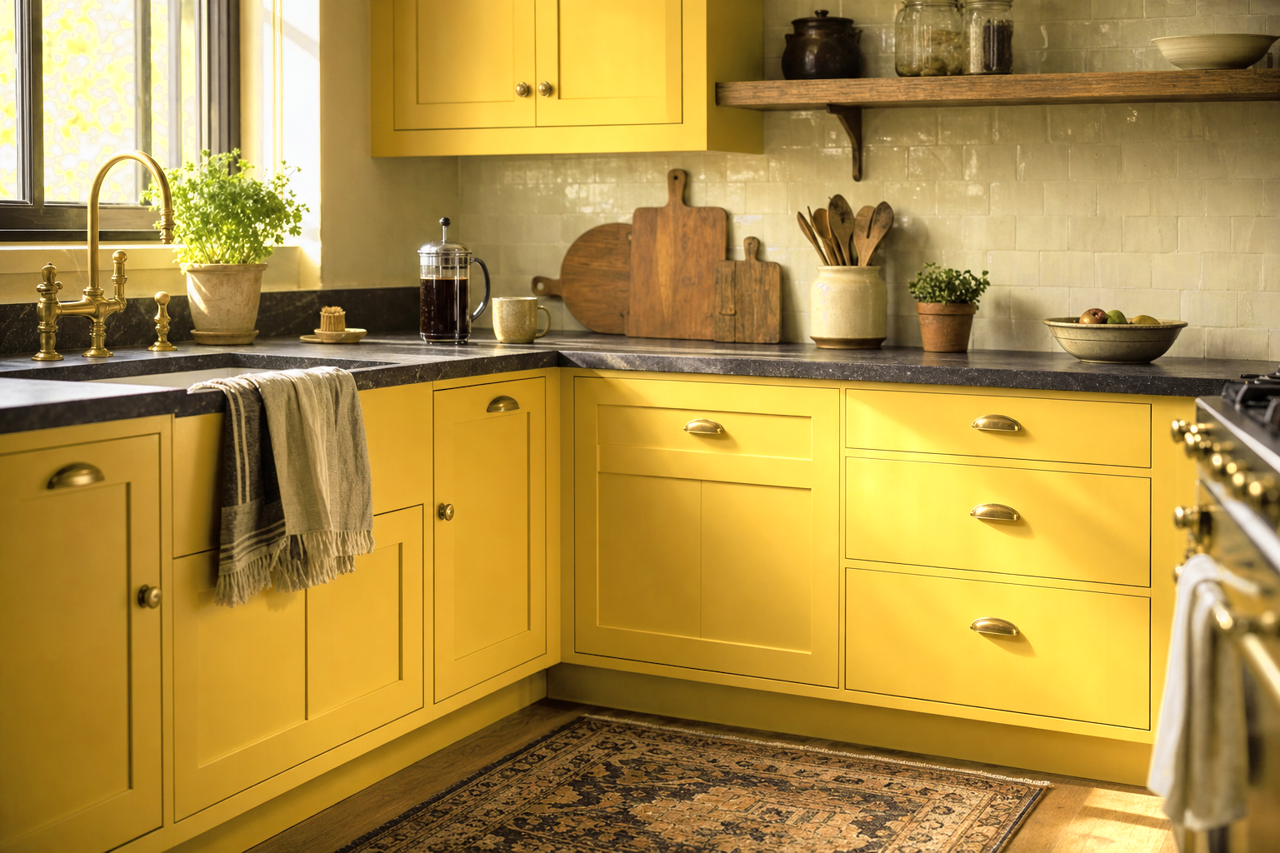 Golden Meadow by Valspar on cabinets