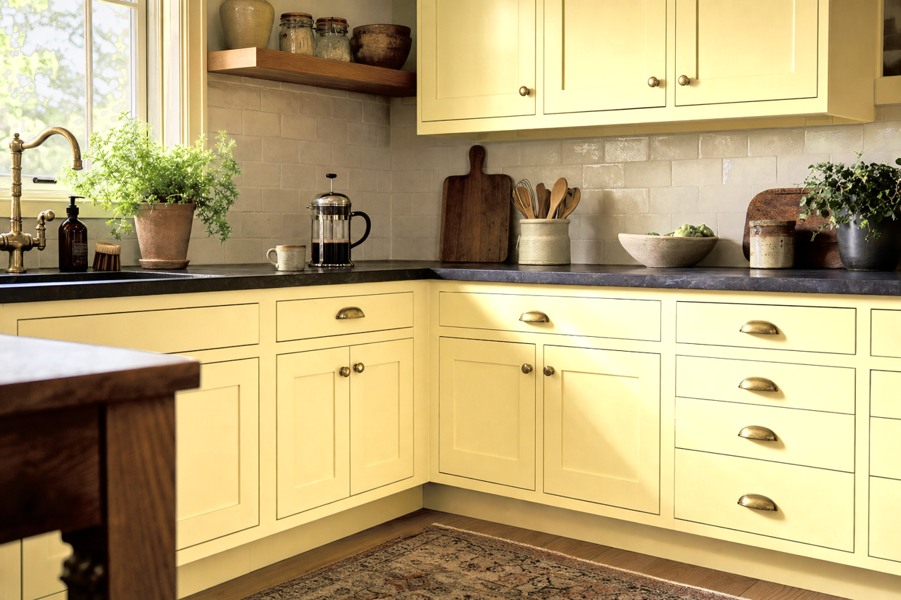 Lemon Butter by Valspar on cabinets
