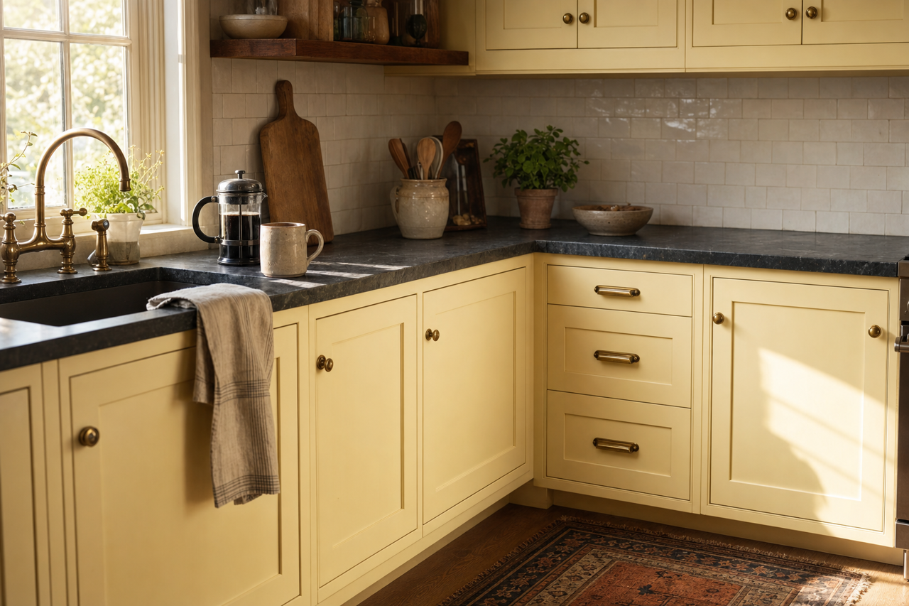 Yellow Bliss by Valspar on cabinets
