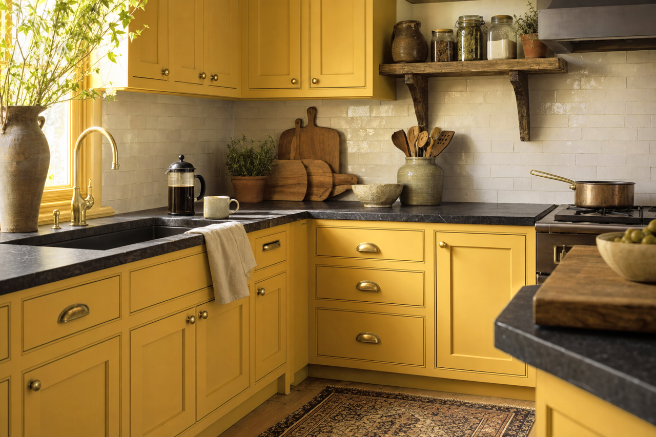 Golden Avocado by Valspar on cabinets