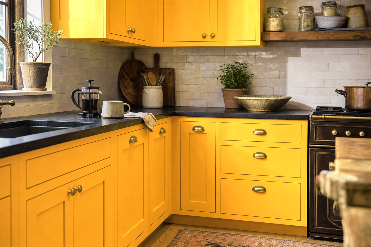 Elizabethan Yellow by Valspar on cabinets