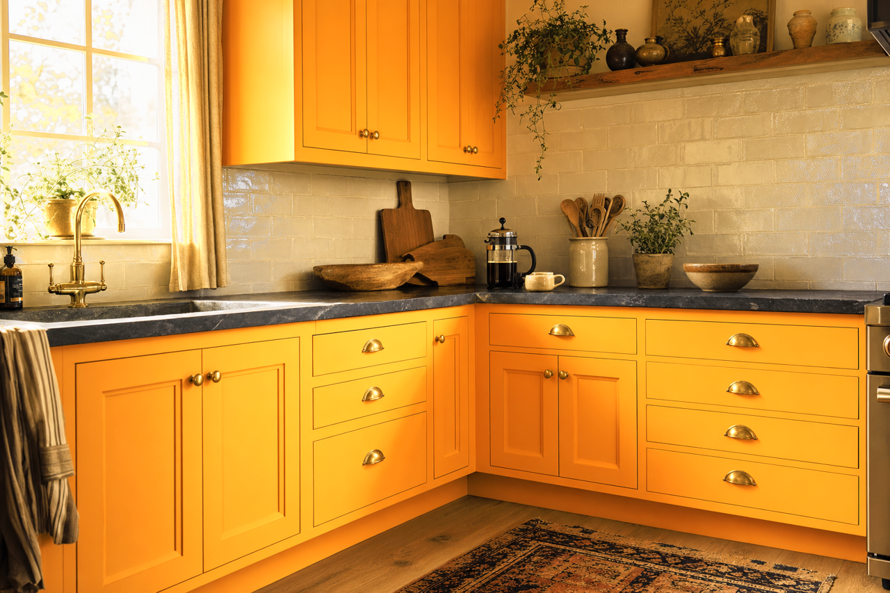 Sunset Glow by Valspar on cabinets