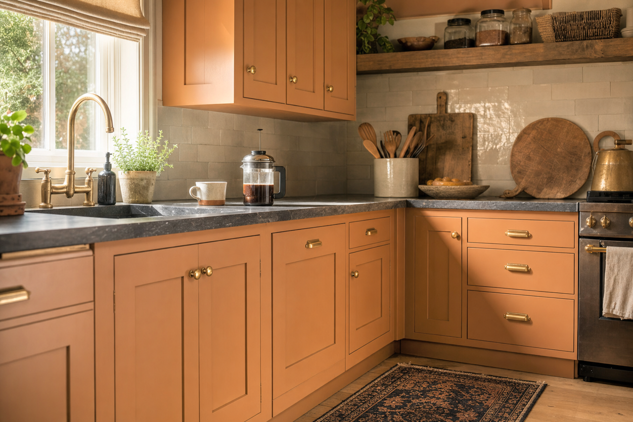 Caramel Toffee by Valspar on cabinets