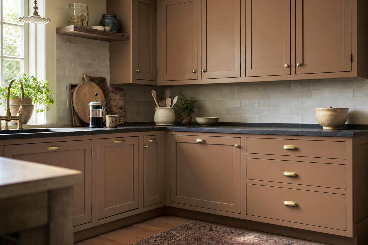 Gypsy Leather by Valspar on cabinets