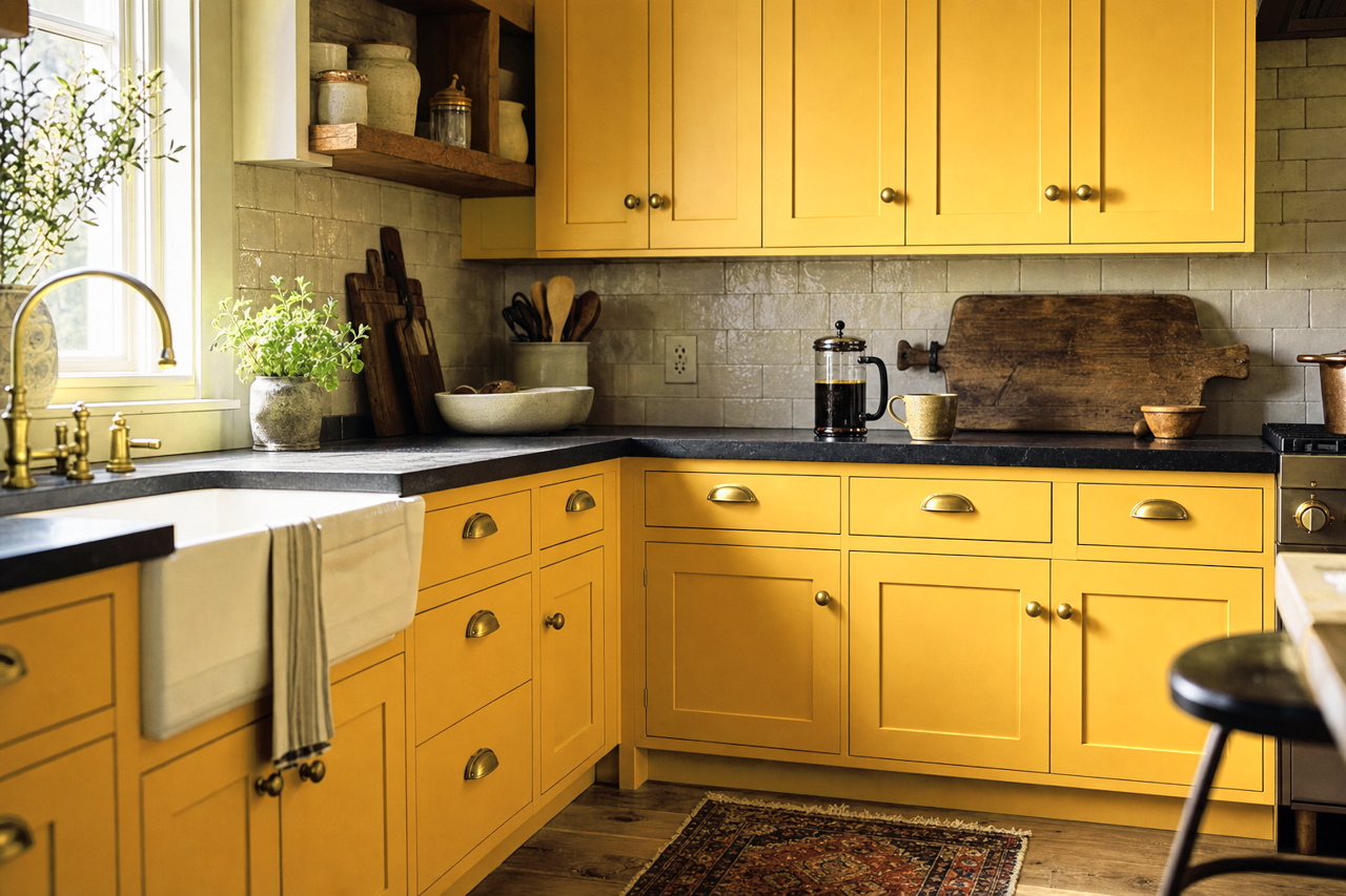 Heraldic Gold by Valspar on cabinets