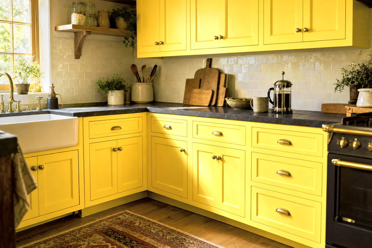 Yellow Chimes by Valspar on cabinets
