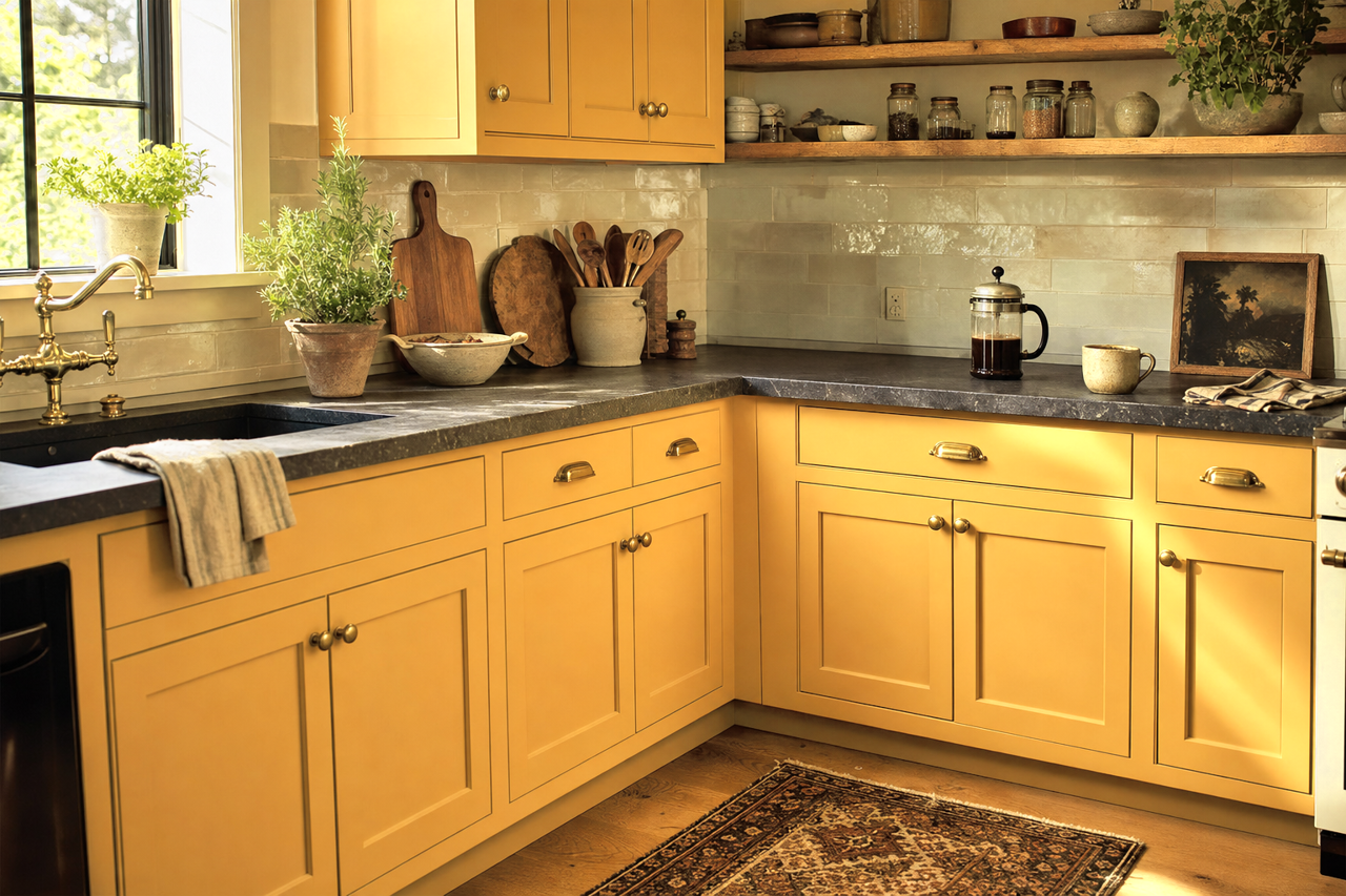 Butterscotch Lollipop by Valspar on cabinets