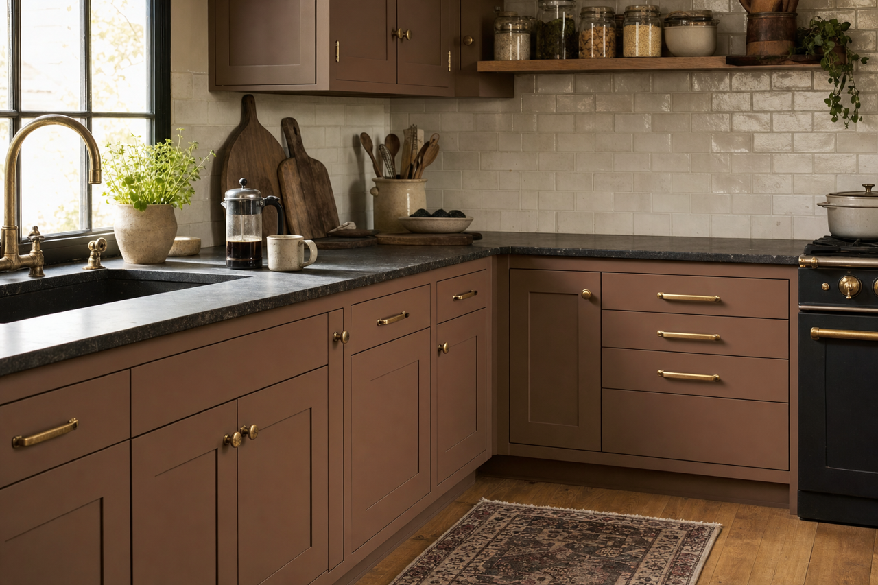 Dark Earth by Valspar on cabinets