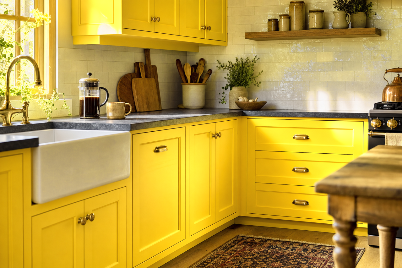 Bold Yellow by Benjamin Moore on cabinets