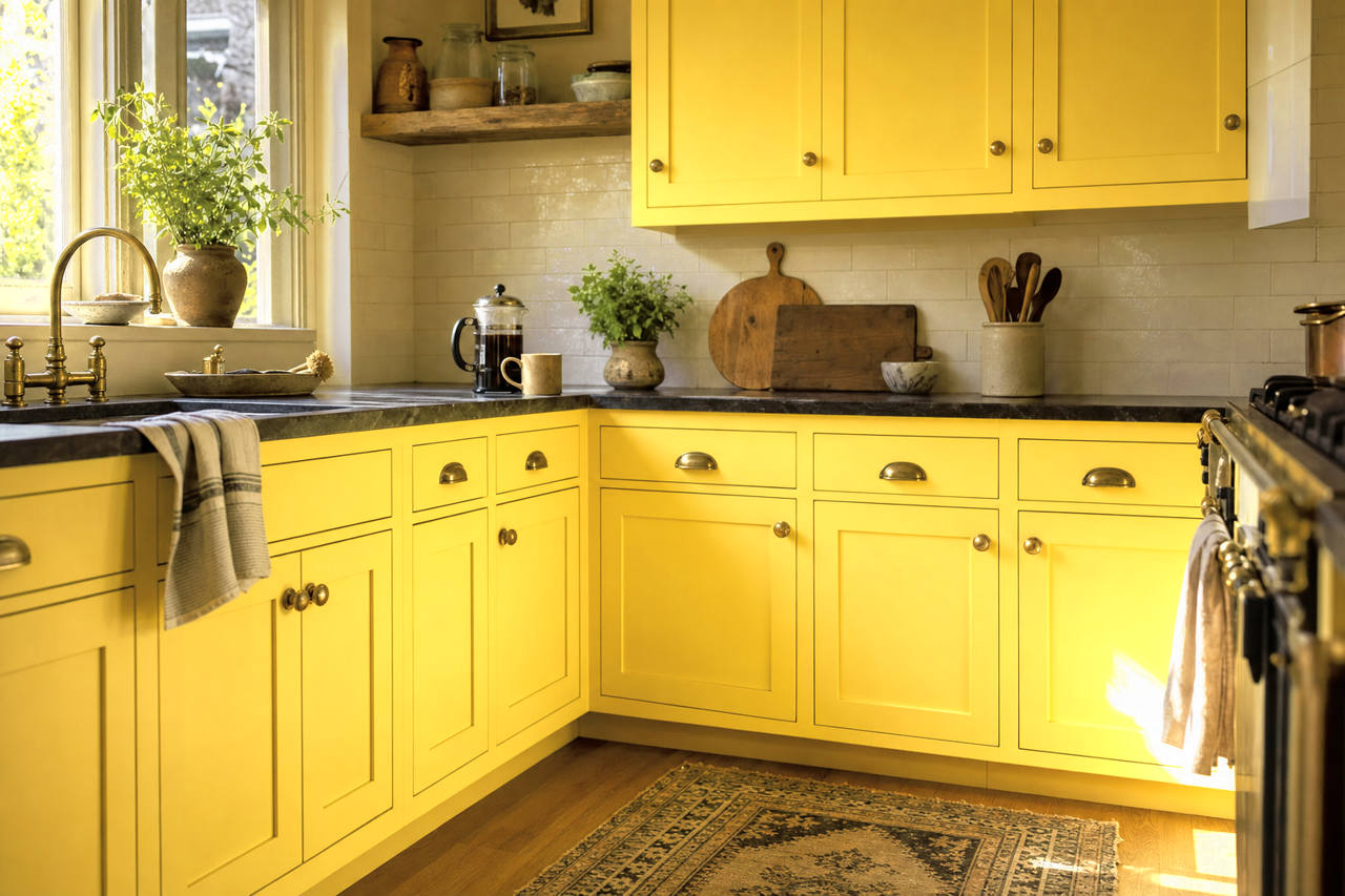 Fiesta Yellow by Benjamin Moore on cabinets