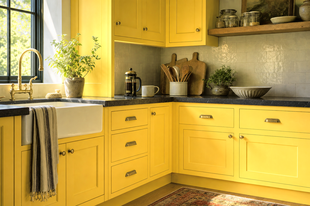 Yellow Brick Road by Benjamin Moore on cabinets