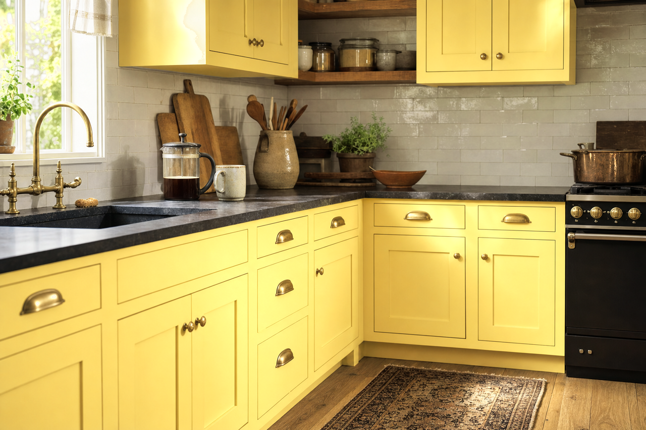 Yellow by Benjamin Moore on cabinets