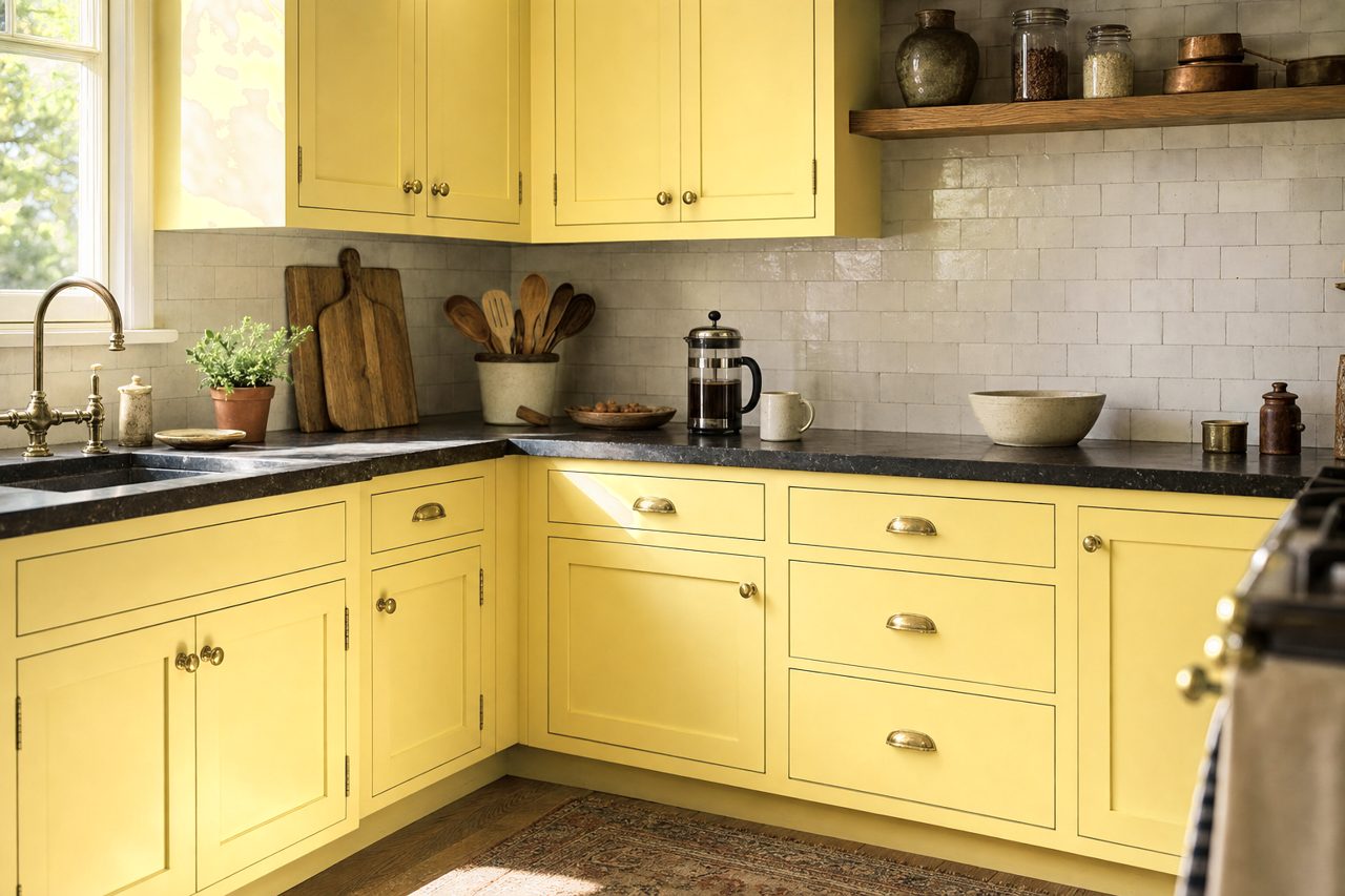 Mulholland Yellow by Benjamin Moore on cabinets