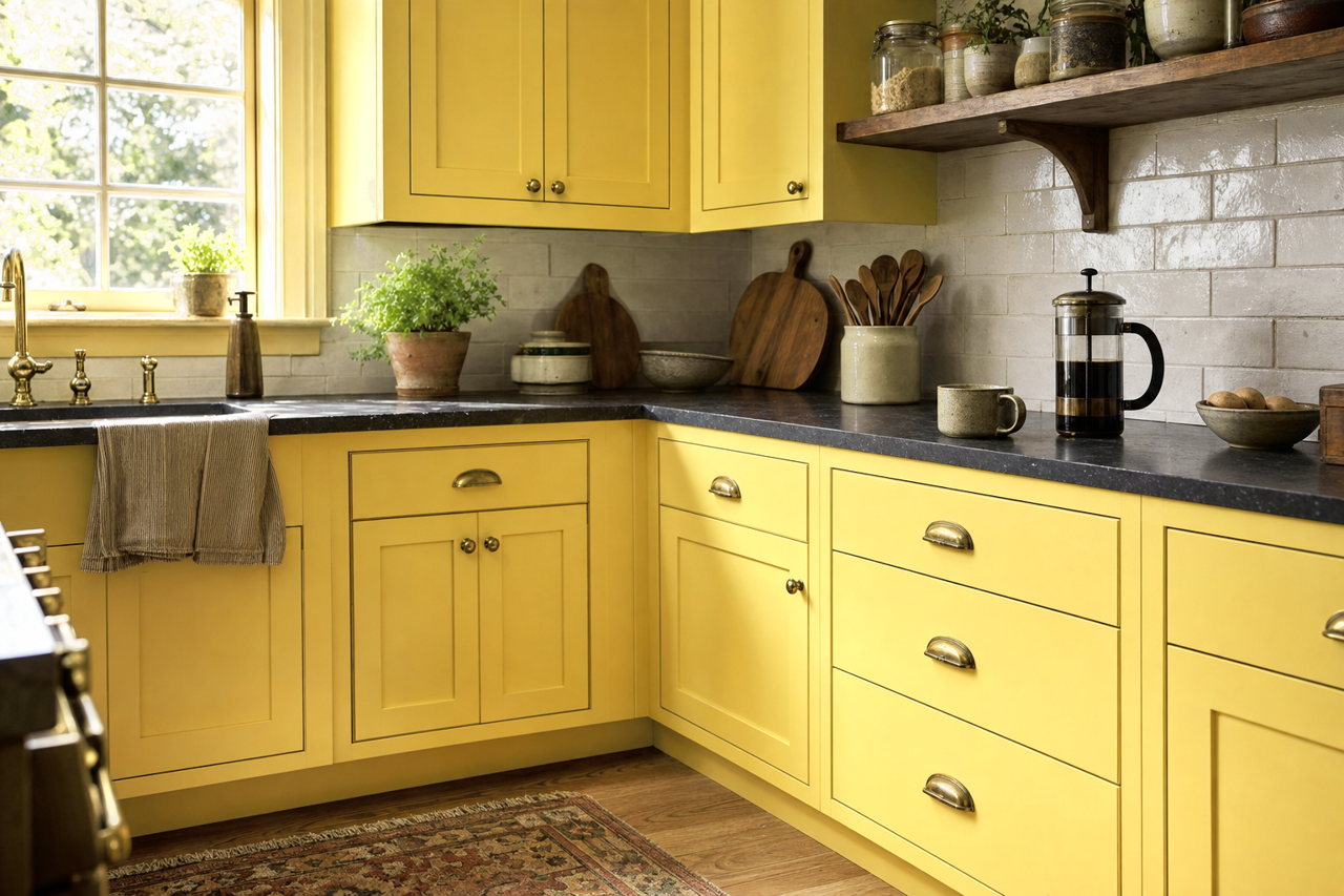Yellow by Benjamin Moore on cabinets