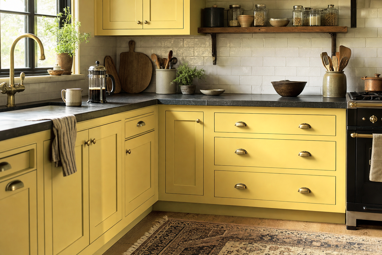 Mustard Field by Benjamin Moore on cabinets