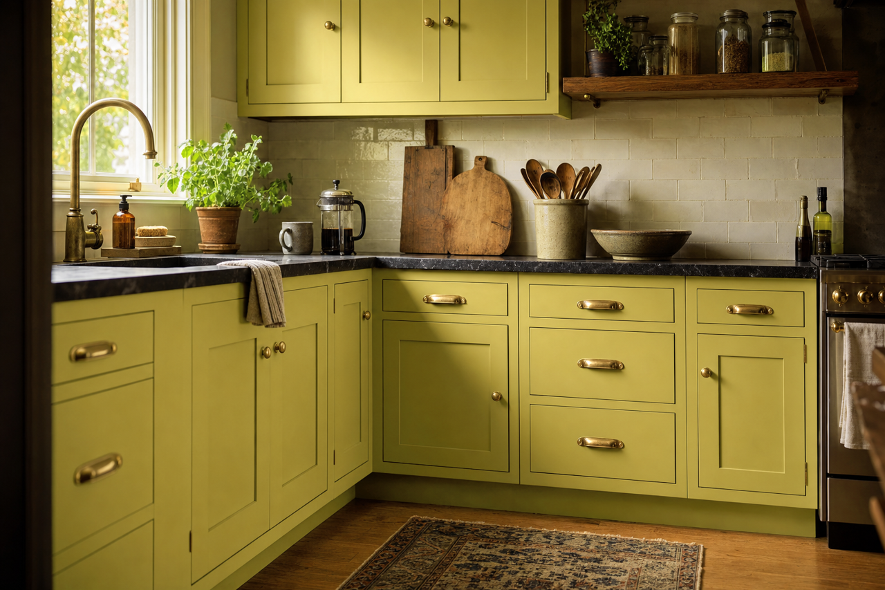 Olive by Benjamin Moore on cabinets