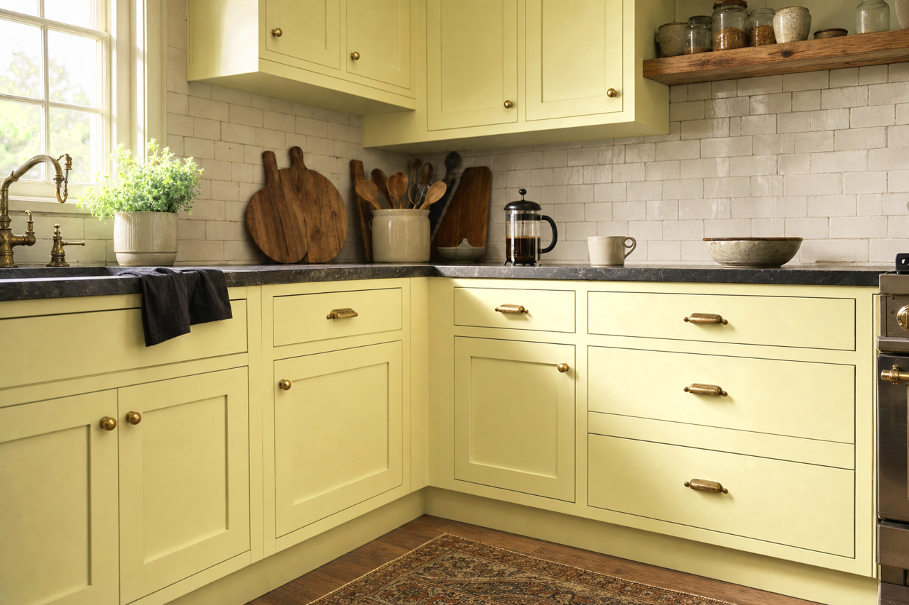 Lemon by Benjamin Moore on cabinets