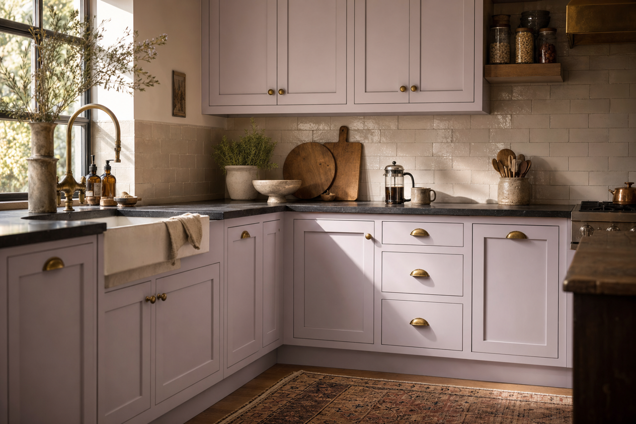 Brushed Lavender by Valspar on cabinets